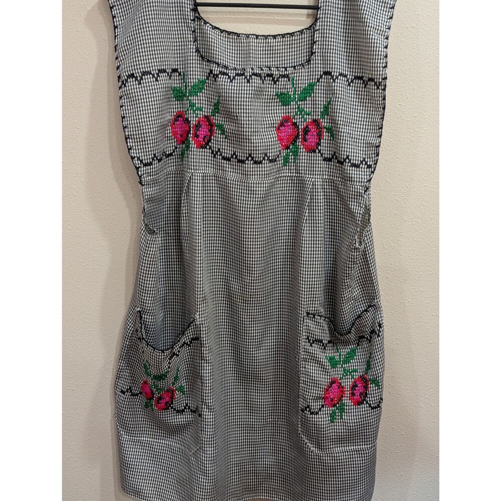 Homemade black gingham pinafore w/large pockets & hand embroidered cherries 2X